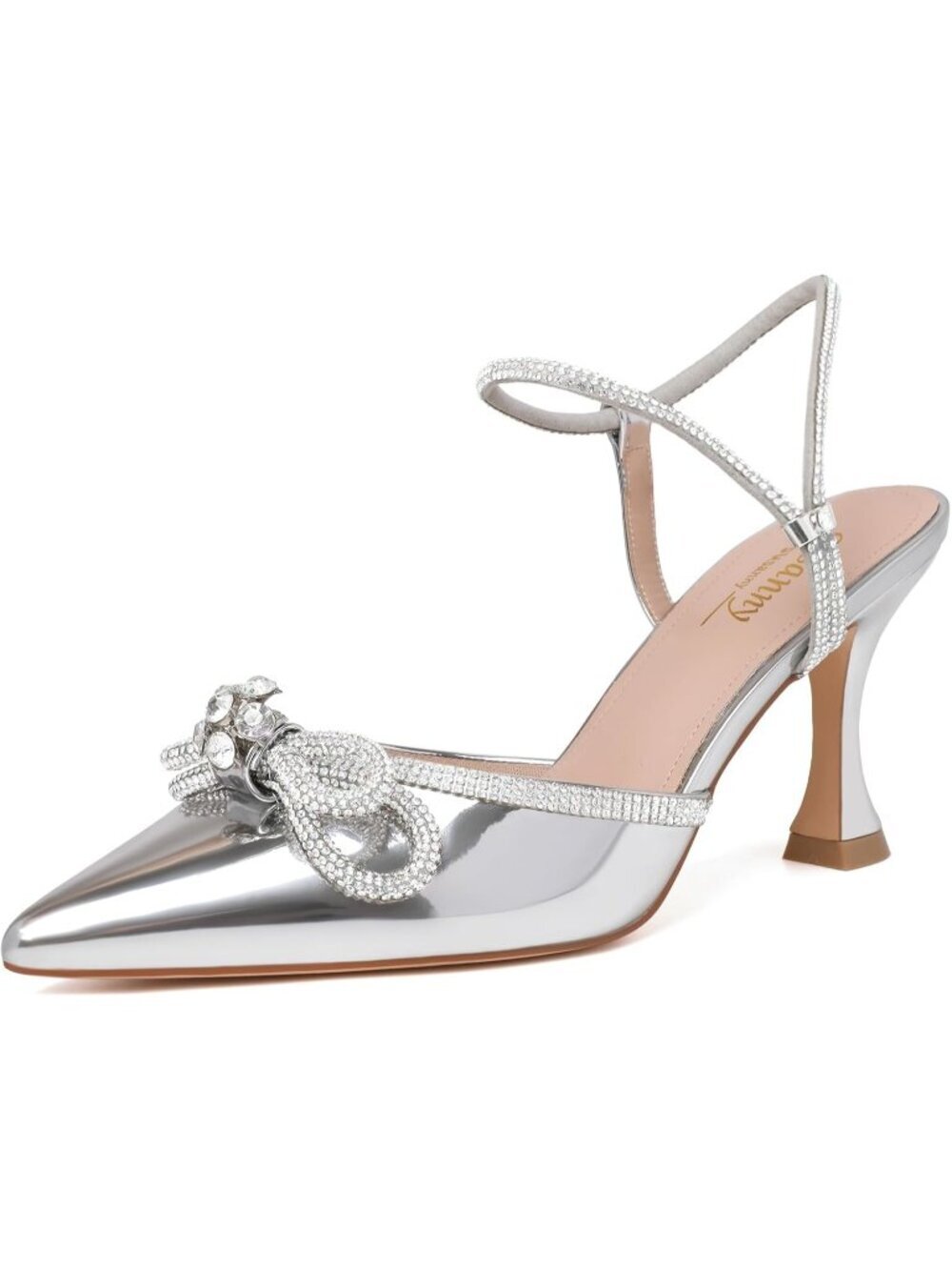 Women's Patent Silver Closed Toe Rhinestone Low Slingback Shoes Kitten Heels